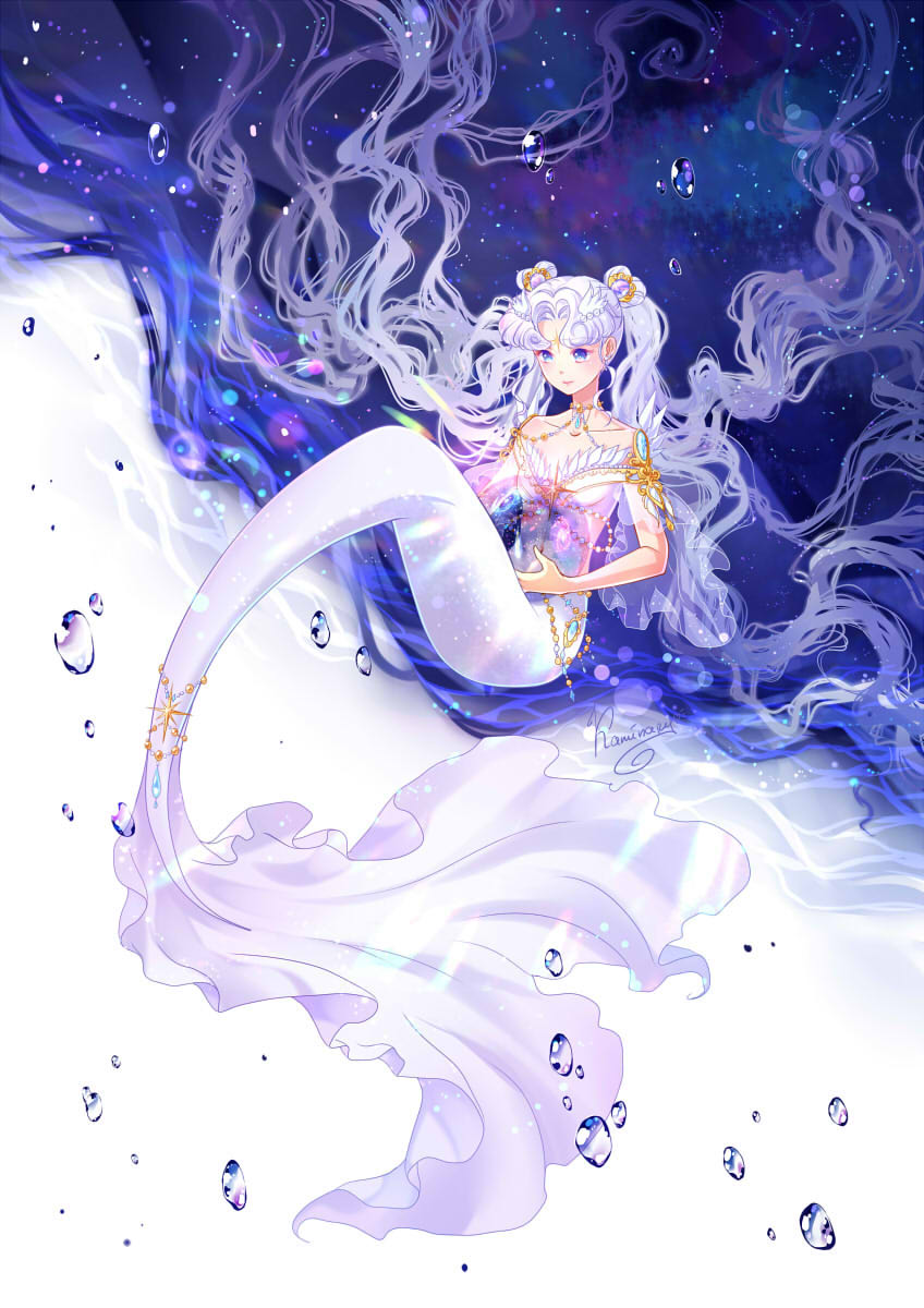 1girl bangs bishoujo_senshi_sailor_moon blue_eyes bubble choker facial_mark forehead_mark full_body gem highres kaminary long_hair mermaid monster_girl monsterification orb parted_bangs sailor_cosmos signature solo tattoo twintails white_hair