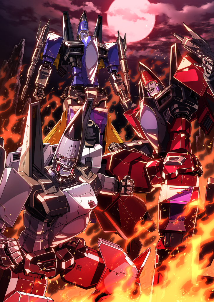 3boys 80s arm_cannon cannon clouds conehead decepticon dirge_(transformers) fire flame full_body full_moon glowing looking_at_viewer moon multiple_boys night night_sky no_humans oldschool open_mouth outdoors ramjet red_eyes red_moon ryuuichirou_(haineken) sky thrust transformers weapon