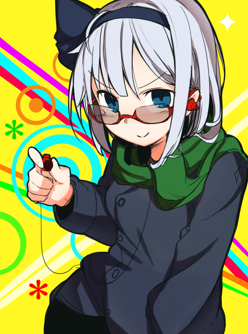 &gt;:) 1girl alternate_costume bespectacled black_ribbon blue_eyes closed_mouth coat commentary_request doyagao earphones furorina glasses green_scarf hair_ribbon hand_in_pocket holding konpaku_youmu long_sleeves red-framed_eyewear ribbon scarf semi-rimless_eyewear silver_hair smug solo touhou under-rim_eyewear yellow_background