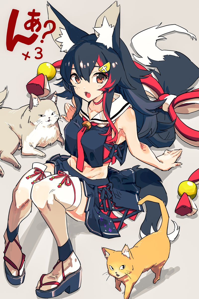 1girl ? animal_ear_fluff animal_ears bell black_hair black_serafuku black_shirt black_skirt cat choker collarbone commentary_request crop_top cross-laced_slit double-parted_bangs eyebrows_hidden_by_hair fang from_above full_body grey_background grey_eyes hair_between_eyes hair_ornament hairclip highres hololive japanese_clothes long_hair looking_at_viewer low-tied_long_hair midriff multicolored_hair necktie ookami_mio ookami_mio_(1st_costume) open_mouth pleated_skirt red_choker red_necktie redhead sailor_collar sandals school_uniform serafuku shirt sidelocks simple_background sitting skin_fang skirt solo streaked_hair taiga_(ookami_mio) tail tamo_(gaikogaigaiko) tawa_(ookami_mio) thigh-highs very_long_hair virtual_youtuber white_hair white_sailor_collar white_thighhighs wolf_ears wolf_girl wolf_tail