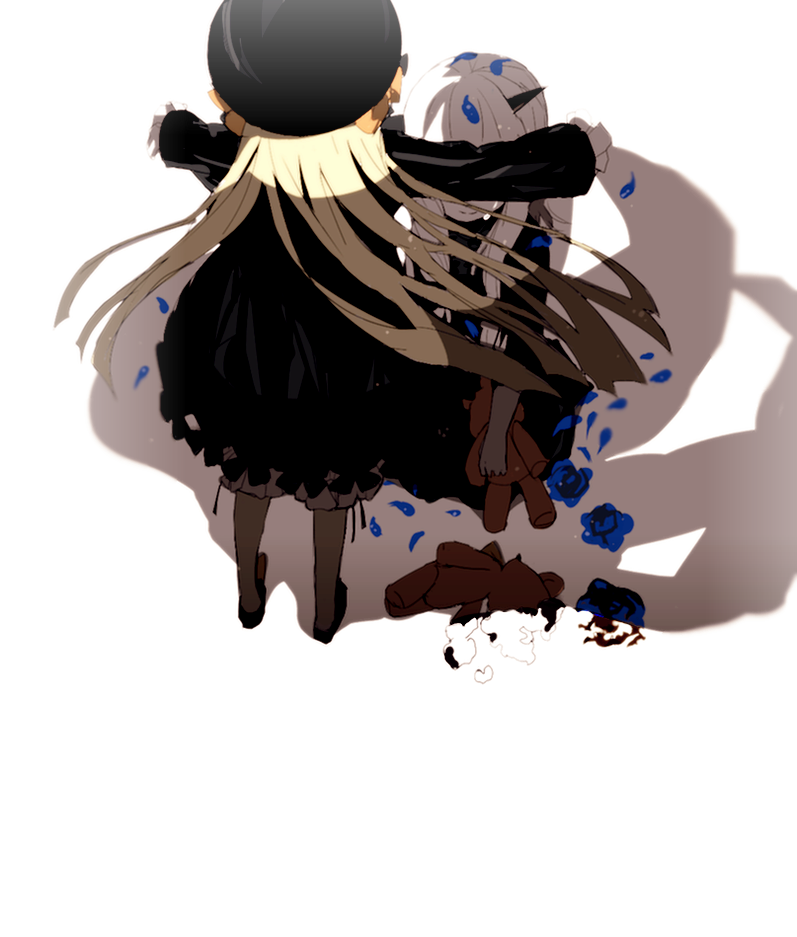 abigail_williams_(fate/grand_order) black_dress black_footwear blonde_hair blue_rose closed_mouth covered_face different_shadow dress facing_away fate/grand_order fate_(series) flower from_behind grey_legwear hat hiiragi_fuyuki horn lavinia_whateley_(fate/grand_order) long_hair long_sleeves outstretched_arms pantyhose petals rose shoes sitting smile spread_arms standing tears tentacle white_hair