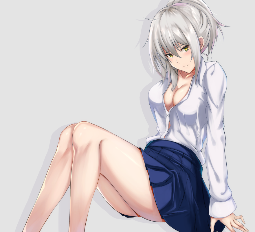 1girl arm_behind_back arm_support bare_legs blue_legwear breasts check_commentary cleavage closed_mouth collarbone commentary commentary_request dress_shirt drop_shadow eyebrows_visible_through_hair fate_(series) feet_on_table from_side grey_background head_tilt highlights jeanne_d'arc_(alter)_(fate) jeanne_d'arc_(fate)_(all) knees_up large_breasts looking_at_viewer medium_hair multicolored_hair partially_unbuttoned pleated_skirt ponytail shirt sidelocks silver_hair simple_background sitting skirt sleeves_past_wrists solo tsurime white_shirt yami_kyon_oov yellow_eyes