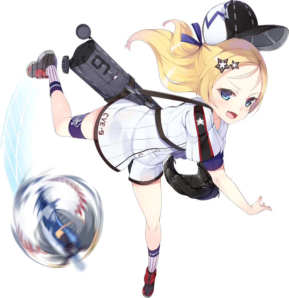 1girl :d aircraft airplane ankle_socks azur_lane bag bare_arms baseball baseball_glove baseball_uniform bike_shorts black_footwear blonde_hair blue_eyes blue_ribbon blush bogue_(azur_lane) buttons clothes_writing dress duffel_bag eyebrows eyelashes facing_away fang flat_chest flight_deck floating_hair forehead full_body hair_ornament hair_ribbon hat kaede_(003591163) long_hair looking_at_viewer motion_blur multicolored multicolored_clothes multicolored_dress multicolored_hat multicolored_legwear number official_art one_side_up open_mouth perspective puffy_short_sleeves puffy_sleeves ribbon shoes short_dress short_sleeves simple_background smile socks solo sportswear standing standing_on_one_leg star star_hair_ornament star_print straight_hair strap striped striped_legwear thigh_strap throwing tongue transparent_background tsurime vertical-striped_legwear vertical_stripes