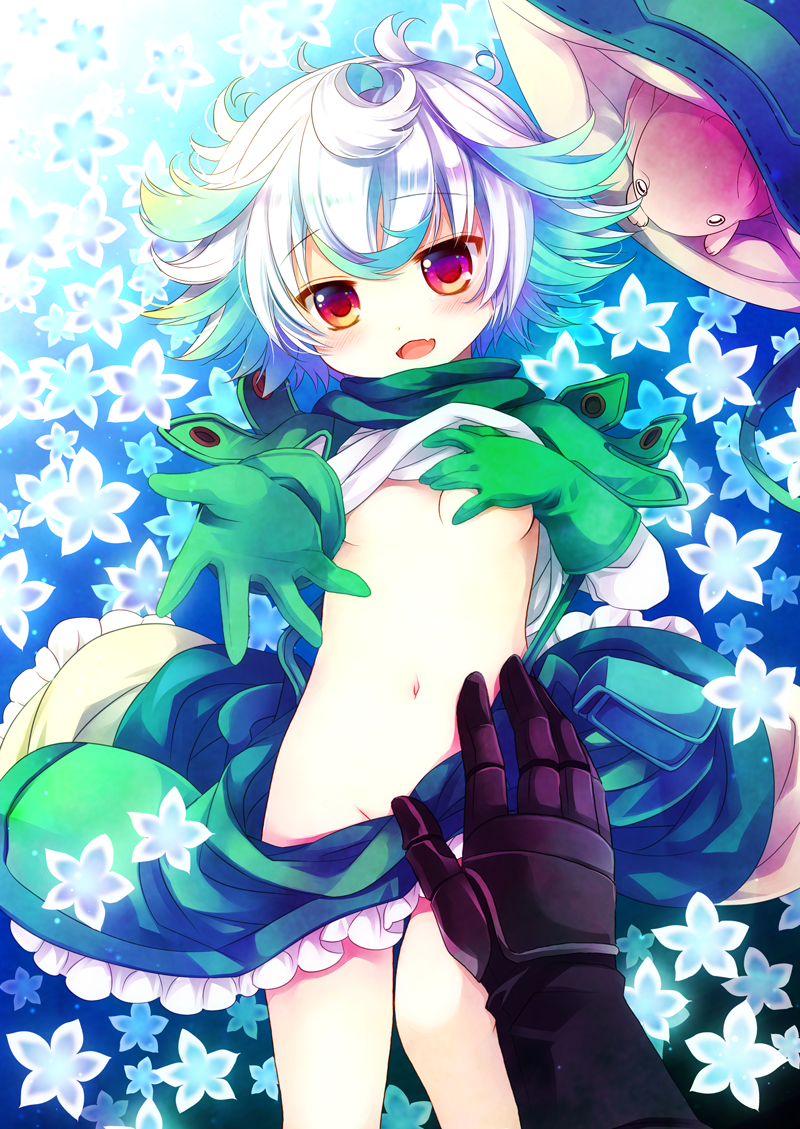 1girl :d blush bondrewd breasts covering covering_breasts creature eyebrows_visible_through_hair fang floral_background gauntlets gloves green_gloves green_jacket green_skirt head_tilt jacket looking_at_viewer made_in_abyss meinya_(made_in_abyss) navel no_bra no_panties open_mouth pov pov_hands prushka reaching_out red_eyes sakurazawa_izumi short_hair skirt small_breasts smile solo standing undressing white_legwear