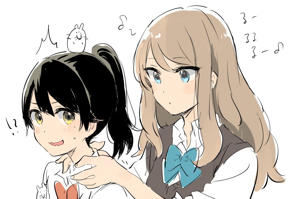 !? 2girls aqua_bow aqua_eyes aqua_neckwear black_hair blush bow commentary_request copyright_request dress_shirt light_brown_hair long_hair monsieur multiple_girls musical_note ponytail quaver school_uniform shirt shoulder_massage sweatdrop wavy_mouth white_shirt yellow_eyes