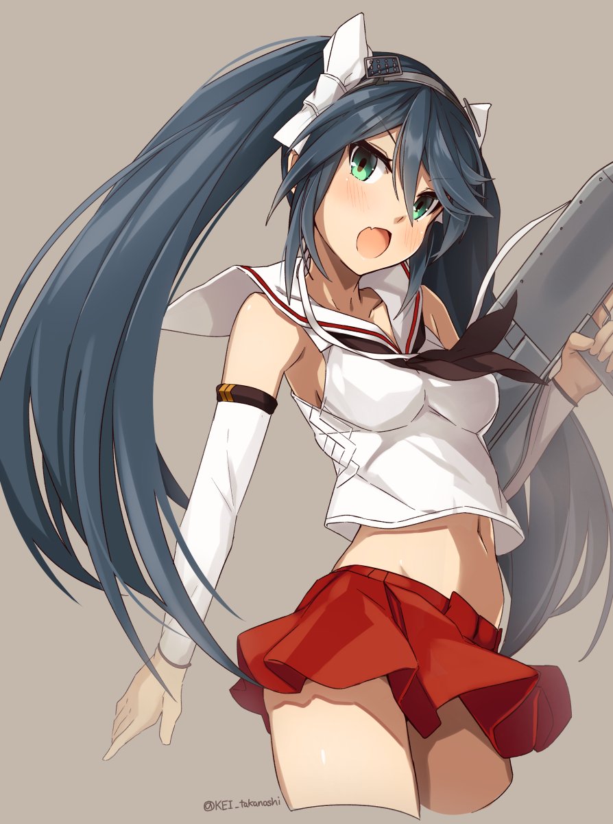 1girl bare_shoulders blue_hair blush brown_background brown_neckwear cropped_legs detached_sleeves fang green_eyes highres holding isuzu_(kantai_collection) kantai_collection long_hair neckerchief open_mouth pleated_skirt red_skirt sailor_collar school_uniform serafuku simple_background skirt solo takanashi_kei_(hitsujikan) twintails twitter_username white_sailor_collar