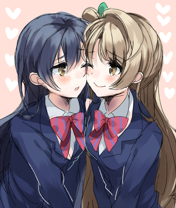 2girls bangs blazer blue_hair blush brown_eyes cheek-to-cheek cheek_press commentary_request grey_hair hair_between_eyes heart jacket long_hair looking_at_another love_live! love_live!_school_idol_project minami_kotori multiple_girls nochita_shin one_eye_closed one_side_up otonokizaka_school_uniform red_neckwear school_uniform simple_background smile sonoda_umi striped_neckwear yuri