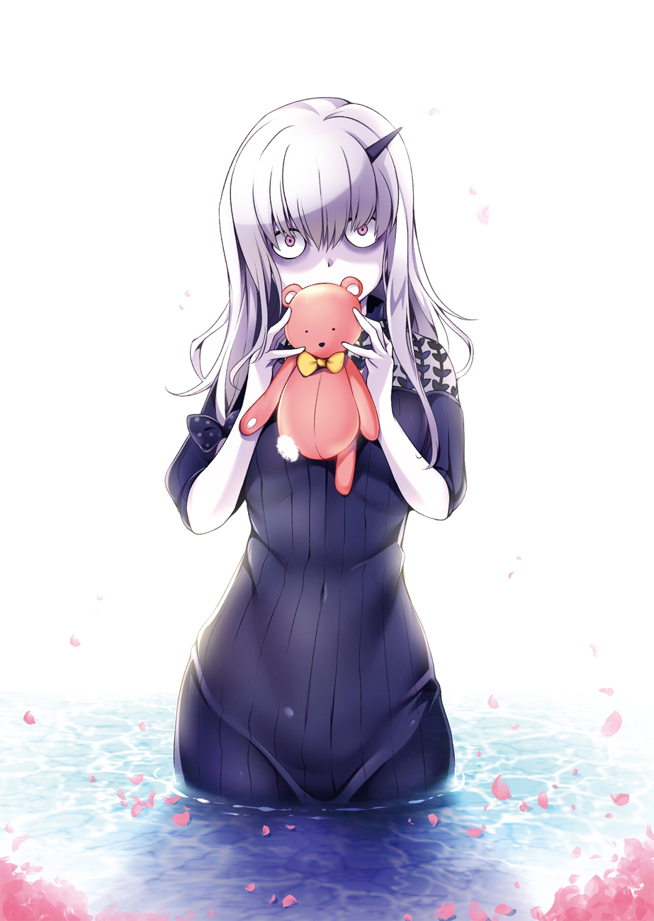 1girl bags_under_eyes bangs black_dress commentary_request covered_mouth damaged dress fate/grand_order fate_(series) hair_between_eyes hands_up head_tilt highres holding holding_stuffed_animal horn lavinia_whateley_(fate/grand_order) long_hair looking_at_viewer pale_skin petals petals_on_water pink_eyes ruri_rarako short_sleeves simple_background solo stuffed_animal stuffed_toy teddy_bear water white_background white_hair wide-eyed