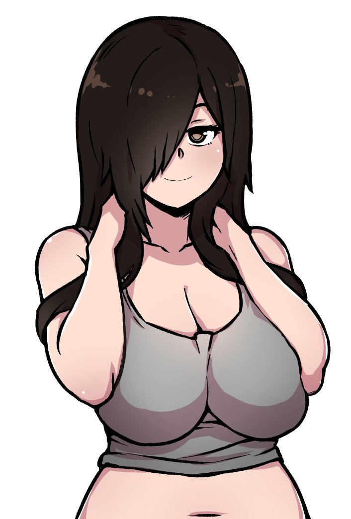 1girl akairiot breast_squeeze breasts brown_eyes brown_hair character_request cleavage commentary_request hair_over_one_eye large_breasts looking_at_viewer midriff navel smile solo tank_top