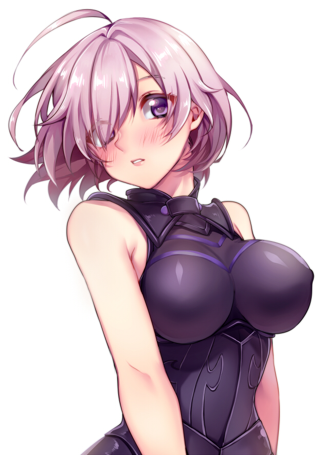 ahoge armor bare_shoulders blush breasts erect_nipples eyes_visible_through_hair fate/grand_order fate_(series) hair_over_one_eye head_tilt lips looking_at_viewer mash_kyrielight medium_breasts parted_lips pink_hair shiny shiny_hair short_hair tareme tobidayooon underbust upper_body violet_eyes