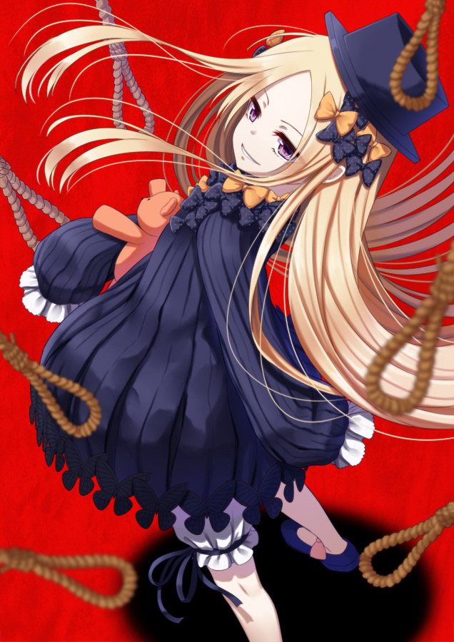 1girl abigail_williams_(fate/grand_order) bangs black_bow black_dress black_hat blonde_hair bloomers bow butterfly dress evil_smile fate/grand_order fate_(series) hair_bow hands_in_sleeves hat long_sleeves looking_at_viewer looking_back mizunashi_hayate noose object_hug orange_bow parted_bangs parted_lips polka_dot polka_dot_bow purple_footwear rope shoes smile solo stuffed_animal stuffed_toy teddy_bear underwear violet_eyes white_bloomers