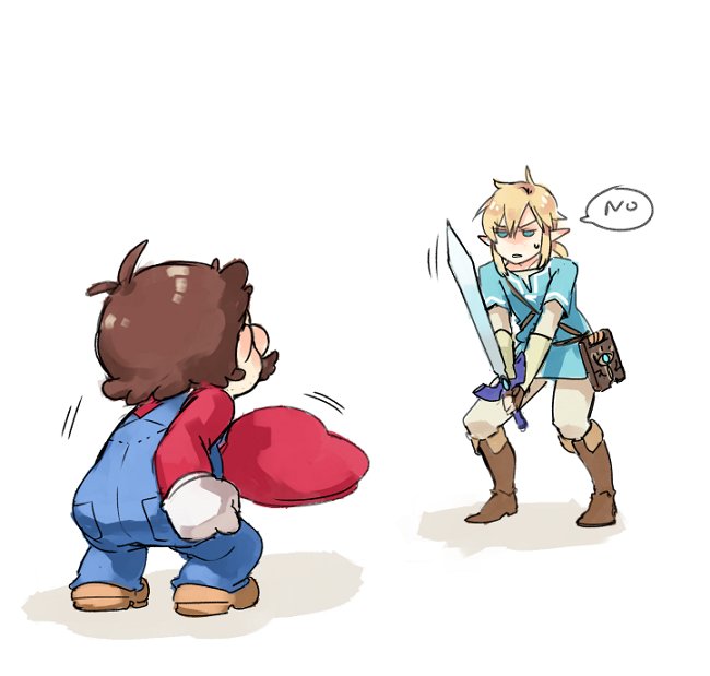 2boys blonde_hair full_body hat holding holding_sword holding_weapon link long_hair male_focus mario super_mario_bros. master_sword multiple_boys no pointy_ears ponytail super_mario_bros. super_mario_odyssey sword the_legend_of_zelda the_legend_of_zelda:_breath_of_the_wild weapon