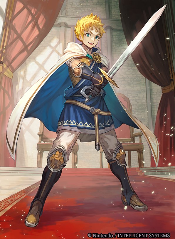 1boy belt blonde_hair blue_eyes boots cape circlet curtains fire_emblem fire_emblem_cipher fire_emblem_musou gloves lack male_focus solo sparkle sword teeth weapon zion_(fire_emblem)