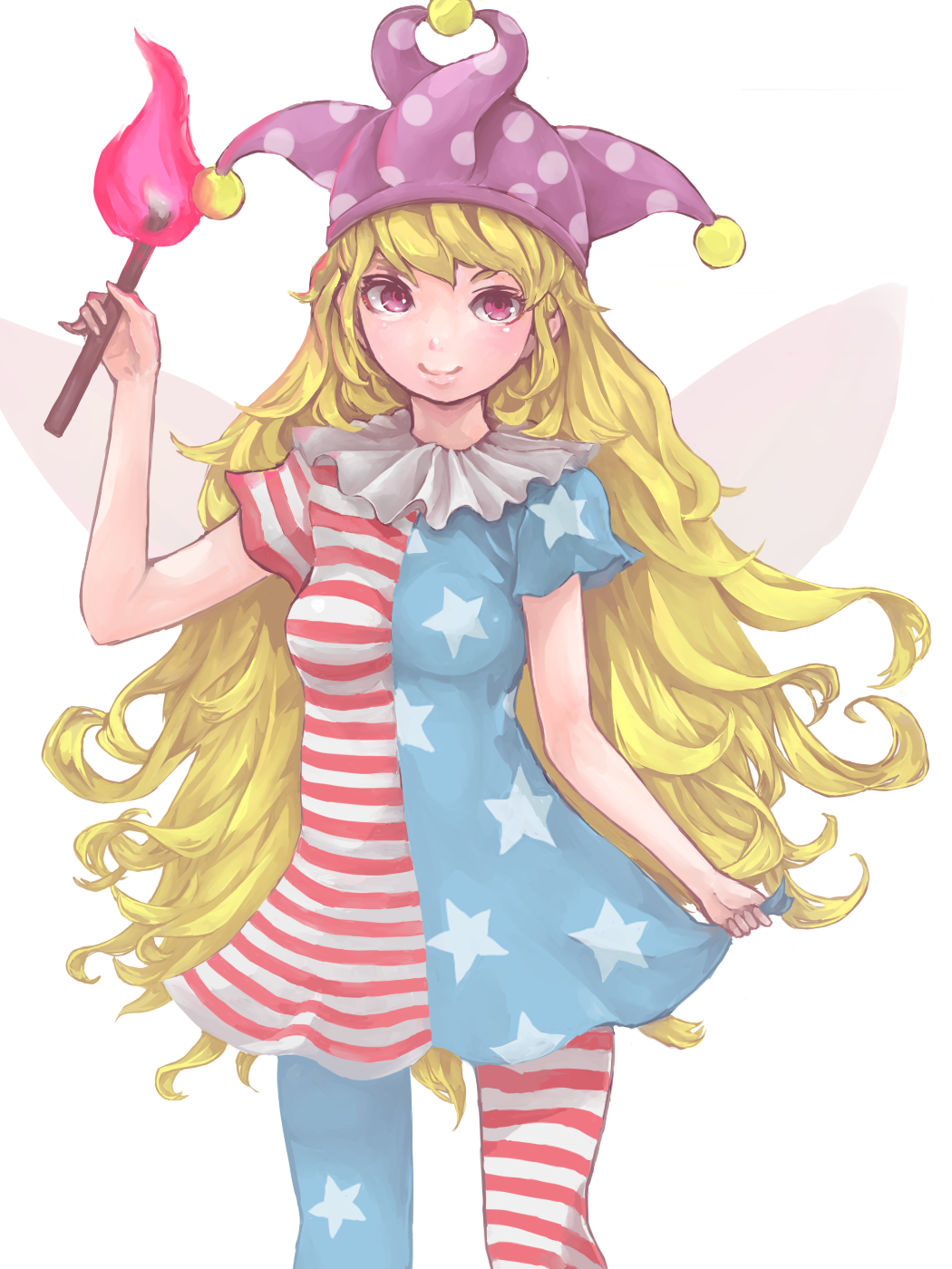 1girl american_flag_dress american_flag_legwear bare_arms breasts closed_mouth clownpiece dress fairy_wings fire hand_up hat highres holding jester_cap long_hair looking_at_viewer ma_nyan_(nyao_mao_nyao) medium_breasts pantyhose pink_eyes polka_dot purple_hat short_dress short_sleeves simple_background smile solo star star_print striped torch touhou very_long_hair white_background wings
