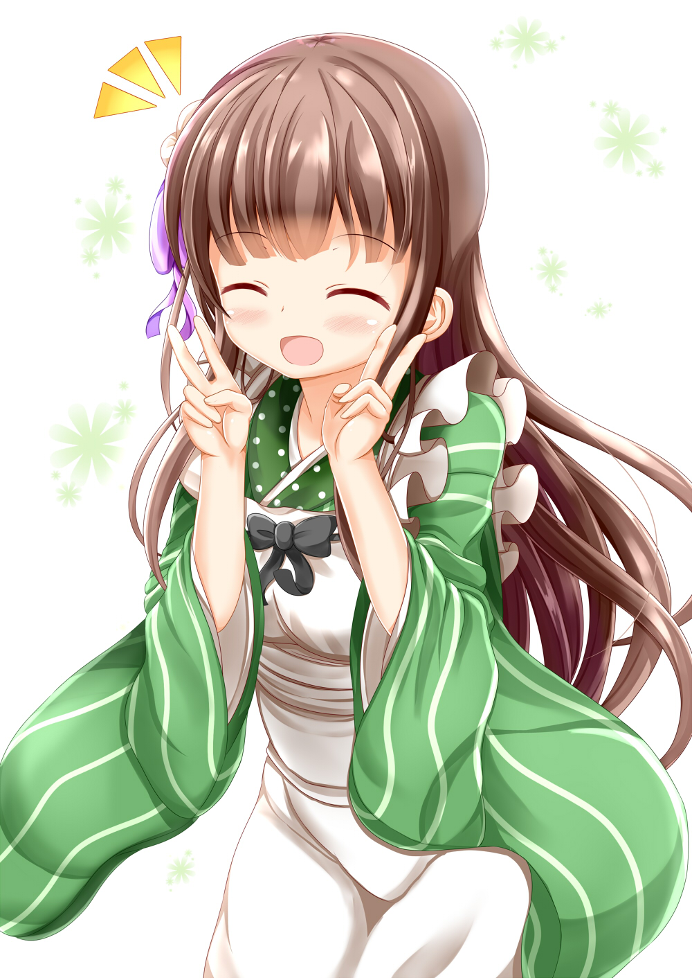 :d ^_^ ama_usa_an_uniform apron bangs blunt_bangs blush breasts brown_hair closed_eyes commentary_request cowboy_shot double_v eyebrows_visible_through_hair facing_viewer floral_background flower gochuumon_wa_usagi_desu_ka? green_kimono hair_flower hair_ornament highres japanese_clothes kimono leaning_forward long_hair long_sleeves maid_apron medium_breasts open_mouth polka_dot_trim purple_ribbon ribbon smile standing striped striped_kimono ujimatsu_chiya v white_apron white_background white_flower wide_sleeves zenon_(for_achieve)