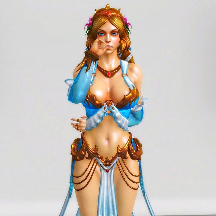 1girl 3d aphrodite_(smite) blonde_hair blue_eyes blue_suit breasts finger_in_mouth finger_to_mouth goddess golden_rings jewelry large_breasts long_hair love_goddess maxramzz necklace simple_background smite solo upper_body xnalara