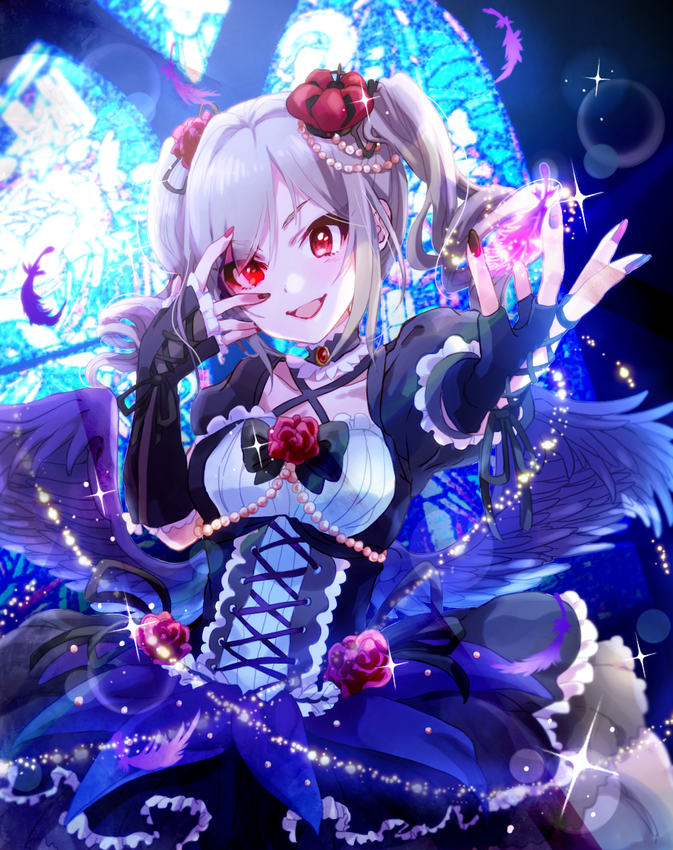 1girl :d anaroguya asymmetrical_gloves black_bow black_gloves black_neckwear black_ribbon bow bowtie choker collarbone crown eyebrows_visible_through_hair feathered_wings fingerless_gloves gloves hair_between_eyes hair_ornament highres idolmaster idolmaster_cinderella_girls kanzaki_ranko long_hair looking_at_viewer mini_crown nail nail_polish open_mouth red_eyes red_flower ribbon silver_hair smile solo standing twintails wings