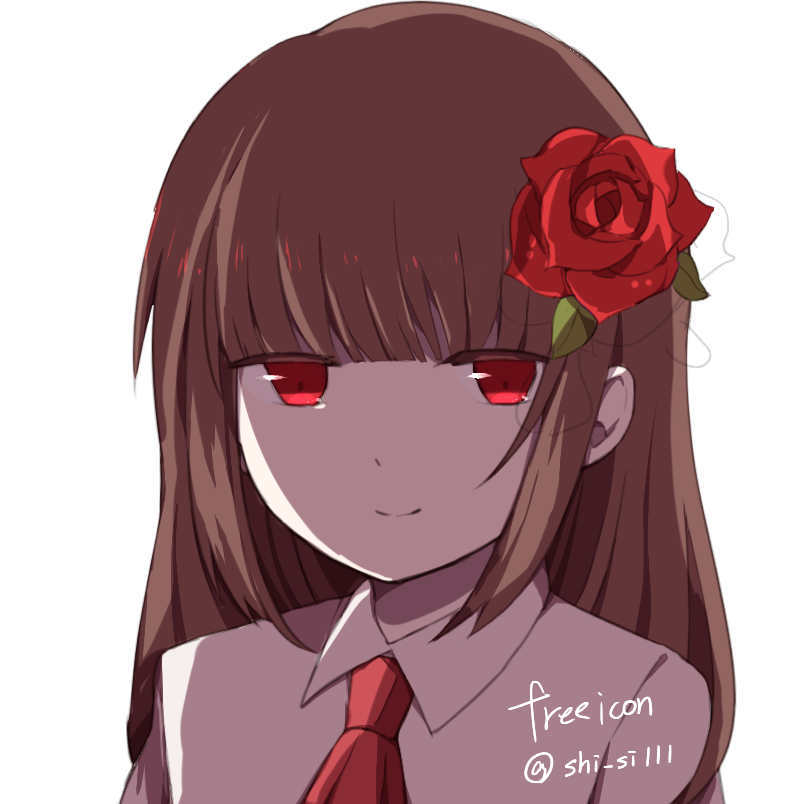 1girl brown_hair commentary_request dress_shirt flower ib ib_(ib) long_hair necktie red_eyes red_rose rose shirone_(shiromame-0111) shirt smile solo