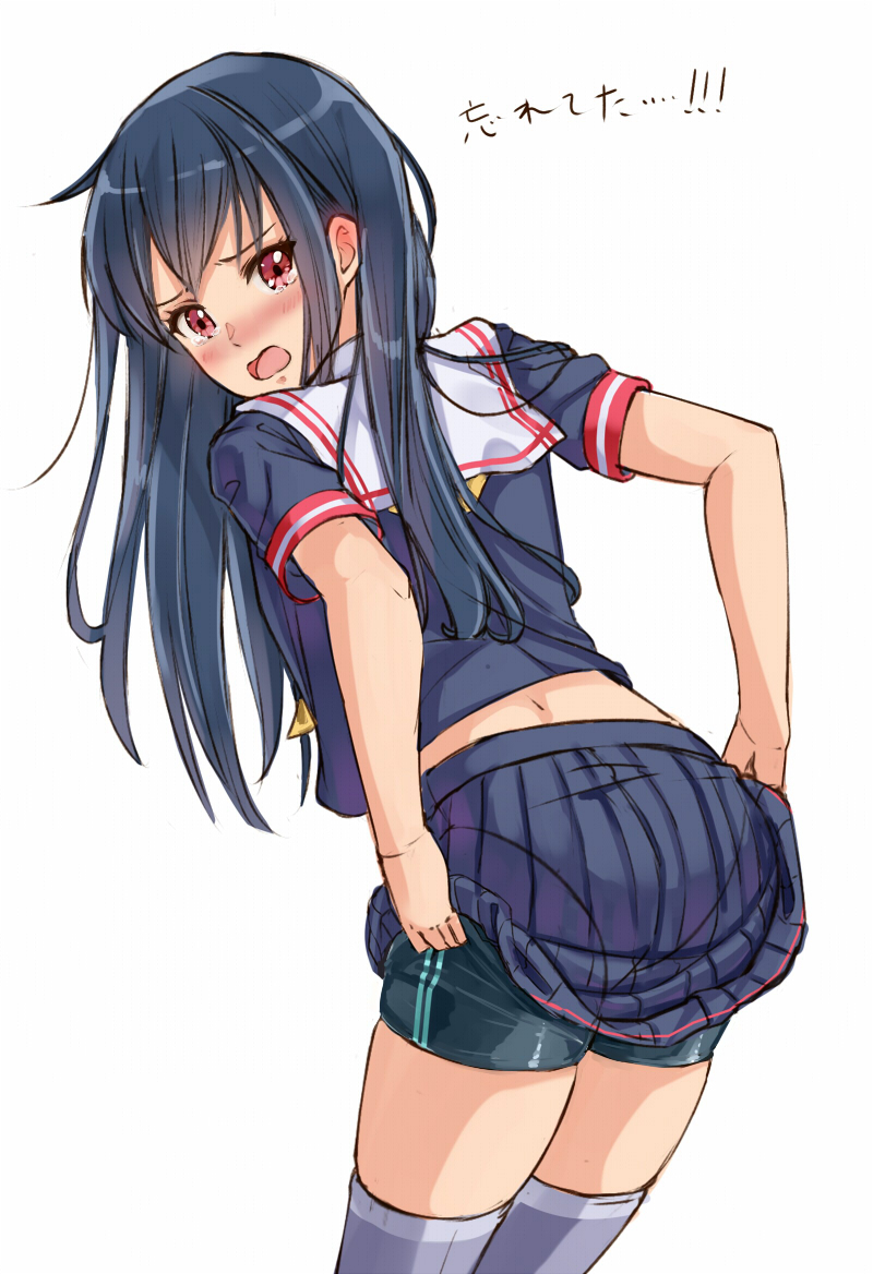 1girl bike_shorts black_hair blush cowboy_shot dressing from_behind kazeno long_hair looking_at_viewer looking_back open_mouth original pleated_skirt red_eyes school_uniform serafuku shorts_under_skirt skirt standing tears thigh-highs