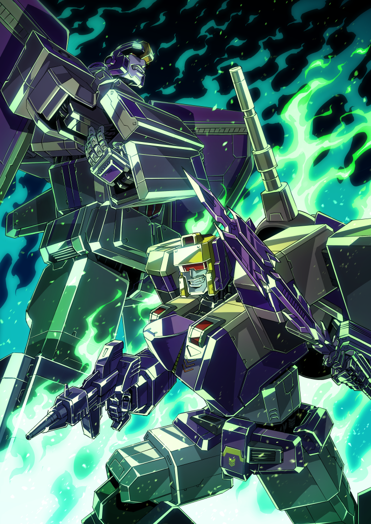 2boys 80s astrotrain blitzwing cannon decepticon fire flame full_body glowing green_fire grinding gun mechanical_wings multiple_boys no_humans oldschool red_eyes ryuuichirou_(haineken) sword transformers weapon wings