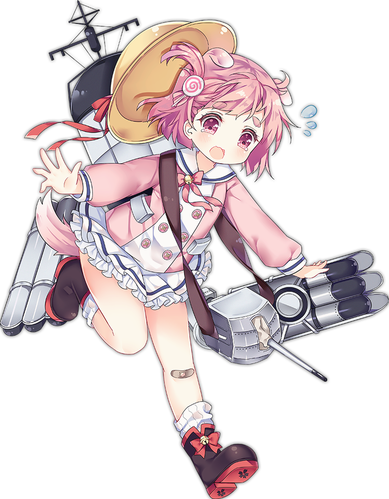 1girl :o animal_ears azur_lane bandaid bandaid_on_knee candy dog_ears dog_tail food frilled_skirt frills hair_ornament hat hat_removed headwear_removed kindergarten_uniform lollipop machinery official_art one_side_up open_mouth pink_eyes pink_hair school_hat short_hair simple_background skirt solo standing standing_on_one_leg tail tears transparent_background tsukimi_(xiaohuasan) turret uzuki_(azur_lane)