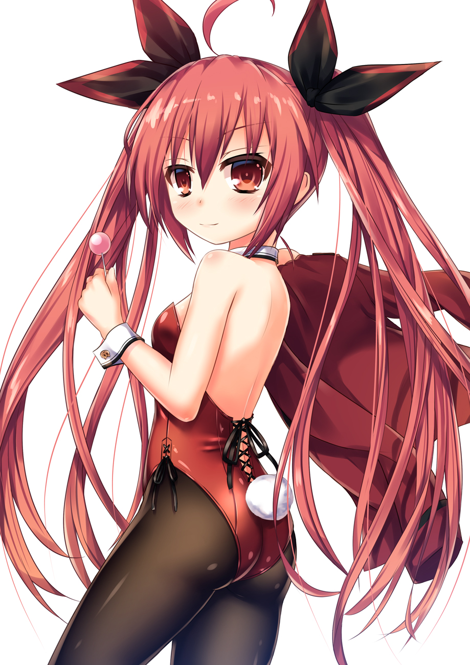 1girl ahoge bare_shoulders blush bunny_tail bunnysuit candy carrying_over_shoulder cowboy_shot date_a_live detached_collar food from_behind hair_ribbon highres holding_jacket itsuka_kotori jacket jacket_over_shoulder kmcgold30 leotard lollipop long_hair looking_at_viewer looking_back pantyhose red_eyes red_jacket red_leotard redhead ribbon simple_background smile solo tail twintails very_long_hair white_background