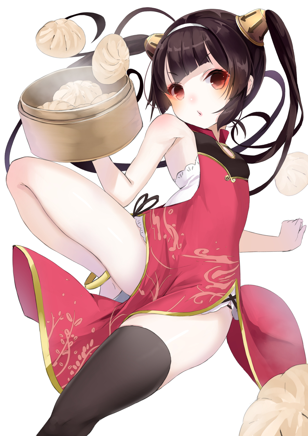 1girl ahoge anklet asymmetrical_legwear azur_lane bangs baozi bare_arms bare_shoulders black_legwear brown_hair china_dress chinese_clothes commentary_request dress dutch_angle eyebrows_visible_through_hair food hairband hairpods highres holding jewelry long_hair parted_lips pecco_chan pelvic_curtain ping_hai_(azur_lane) red_dress red_eyes simple_background single_thighhigh sleeveless sleeveless_dress solo standing standing_on_one_leg thigh-highs twintails very_long_hair white_background white_hairband
