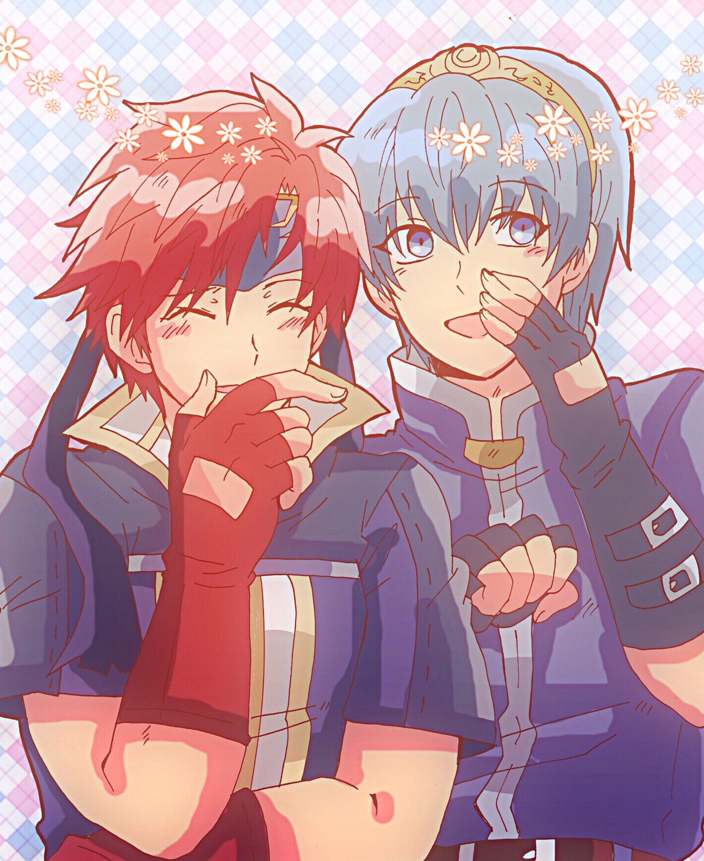 2boys blue_hair blush closed_eyes fire_emblem fire_emblem:_fuuin_no_tsurugi fire_emblem:_mystery_of_the_emblem fire_emblem_heroes gloves headband highres kiriya_(552260) male_focus marth multiple_boys roy_(fire_emblem) smile super_smash_bros. super_smash_bros_melee tiara