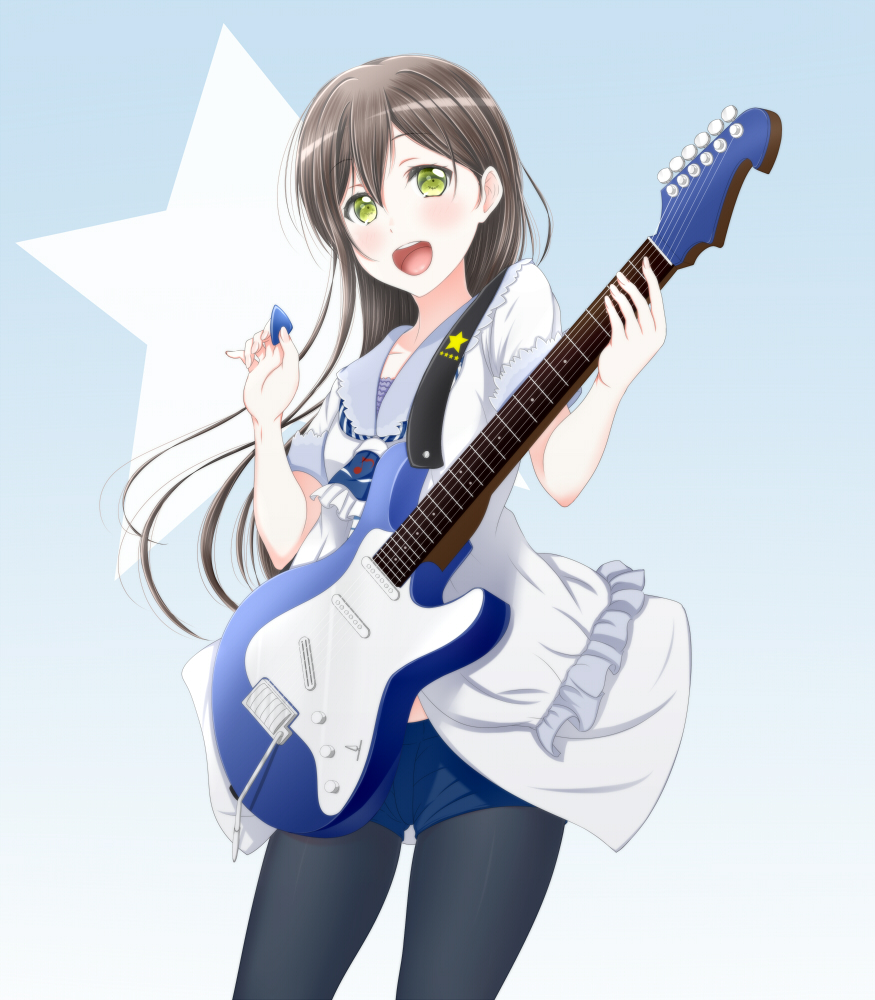 1girl :d bang_dream! black_hair black_legwear dress electric_guitar full_body green_eyes guitar hanazono_tae instrument long_hair looking_at_viewer open_mouth plectrum roaru_(gyuren) shorts smile solo standing star white_dress