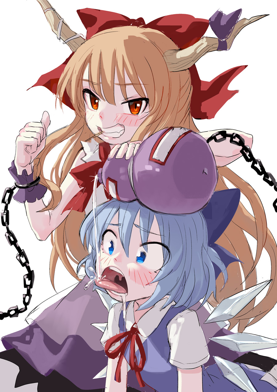 2girls bangs blue_bow blue_eyes blue_hair blush bow brown_hair chains cirno clenched_teeth fkey gourd grin hair_bow highres horn_ribbon horns ibuki_suika ice ice_wings long_hair looking_at_viewer multiple_girls pouring red_bow red_eyes ribbon simple_background skirt smile teeth thumbs_up tongue tongue_out toothpick touhou uvula very_long_hair white_background wings wrist_cuffs