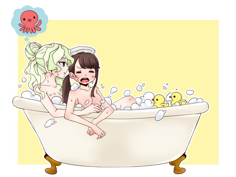 2girls bath bathing bathtub bubble_bath commentary_request convenient_censoring diana_cavendish kagari_atsuko little_witch_academia multiple_girls nude octopus raisun rubber_duck towel towel_on_head yuri