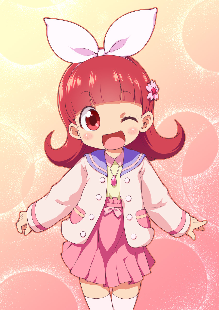 1girl ;d bangs blush collared_shirt commentary_request eyebrows_visible_through_hair fingernails flower hair_flower hair_ornament hair_ribbon head_tilt high-waist_skirt highres jacket jewelpet_(series) jewelpet_magical_change jewelry long_hair long_sleeves looking_at_viewer one_eye_closed open_clothes open_jacket open_mouth outstretched_arms pendant pink_hair pink_jacket pink_ribbon pleated_skirt red_eyes redhead ribbon ruby_(jewelpet) sakurabe_notosu shirt skirt sleeves_past_wrists smile solo thigh-highs white_legwear yellow_shirt