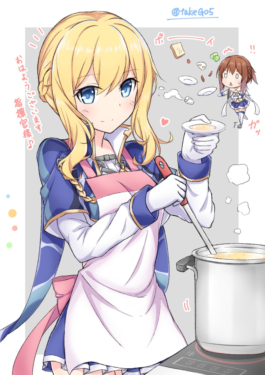 2girls apron azur_lane blonde_hair blue_eyes braid brown_hair chibi commentary_request cooking food french_braid gloves highres holding ladle loaf_of_bread long_hair looking_at_viewer multiple_girls navel plate pleated_skirt renown_(azur_lane) repulse_(azur_lane) sausage short_hair skirt smile sunny_side_up_egg takeg05 thigh-highs translated twitter_username walking white_gloves zettai_ryouiki