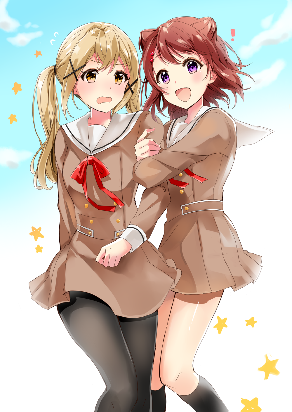 2girls :d arm_holding bang_dream! black_legwear blonde_hair brown_eyes brown_hair hair_ornament hairclip highres ichigaya_arisa kanju kneehighs locked_arms long_hair long_sleeves multiple_girls open_mouth pantyhose school_uniform serafuku short_hair skirt smile standing tagme toyama_kasumi twintails violet_eyes x_hair_ornament yuri