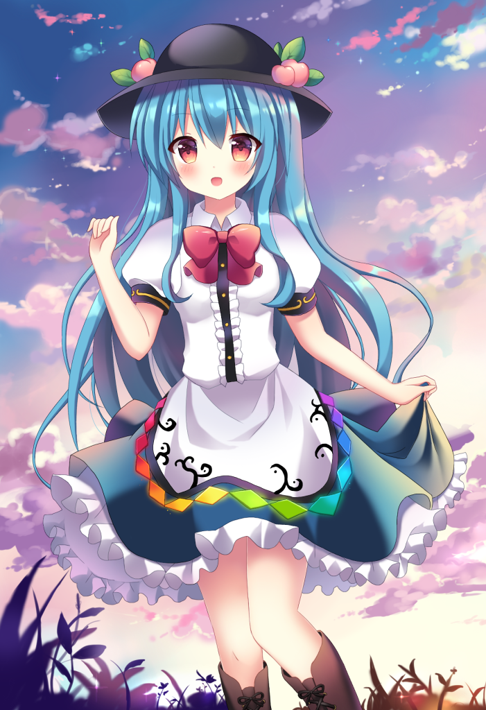 1girl :d apron black_hat blue_hair blue_skirt bow bowtie brown_footwear clouds day eyebrows_visible_through_hair hair_between_eyes hat hinanawi_tenshi long_hair looking_at_viewer mayo_(miyusa) miniskirt open_mouth outdoors red_bow red_eyes red_neckwear shirt skirt skirt_hold sky smile solo touhou very_long_hair white_apron white_shirt