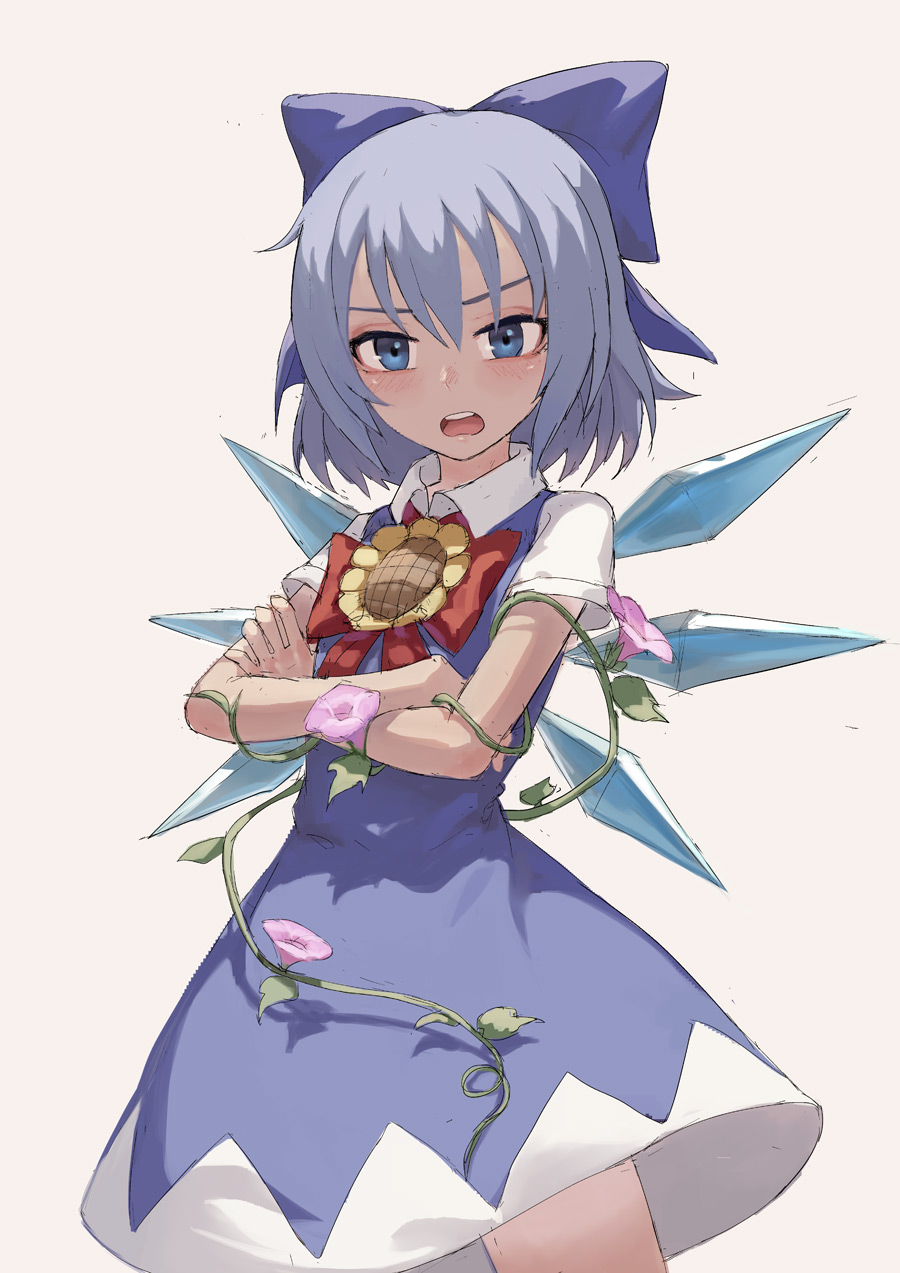 1girl blue_bow blue_dress blue_eyes blue_hair bow bowtie cirno crossed_arms dress eyebrows fkey flower grey_background hair_bow highres ice ice_wings looking_at_viewer morning_glory red_neckwear short_dress short_sleeves simple_background solo sunflower tanned_cirno touhou wing_collar wings