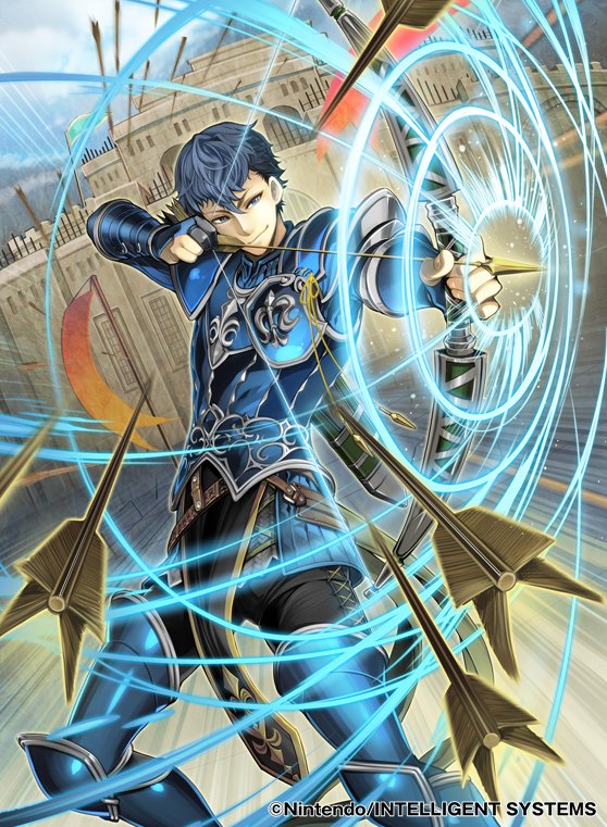 1boy armor armored_boots arrow blue_eyes blue_hair boots bow_(weapon) castle company_name fingerless_gloves fire_emblem fire_emblem_cipher fire_emblem_echoes:_mou_hitori_no_eiyuuou flag gloves male_focus official_art paison solo toyo_sao weapon