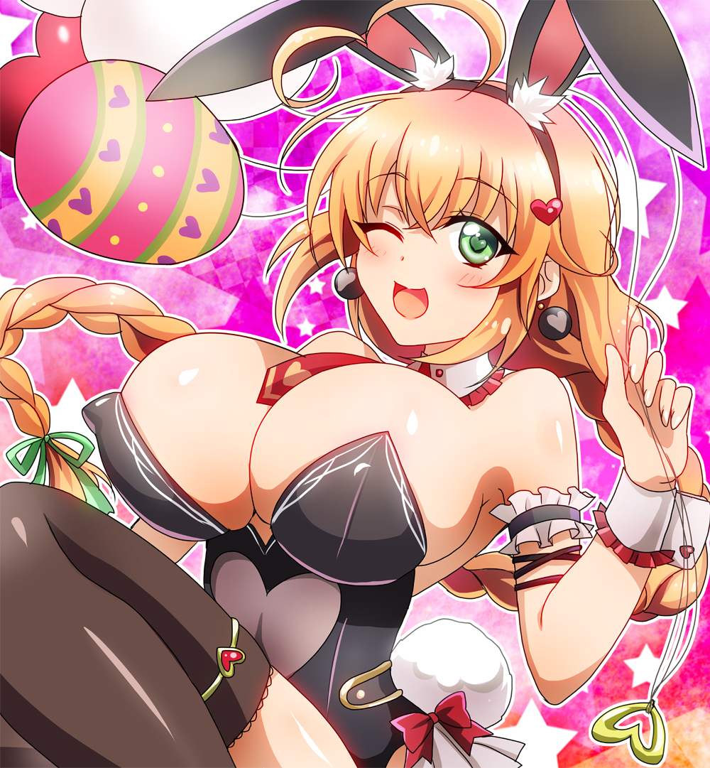 1girl ;d animal_ears balloon balloon_vine_(flower_knight_girl) between_breasts black_legwear black_leotard blonde_hair blush bow braid breasts bunny_tail bursting_breasts cleavage detached_collar earrings easter easter_egg egg flower_knight_girl green_eyes hair_ornament heart heart-shaped_pupils heart_hair_ornament holding_balloon huge_breasts jewelry leotard long_hair looking_at_viewer masako_(sabotage-mode) necktie necktie_between_breasts one_eye_closed open_mouth pink_background rabbit_ears red_bow red_neckwear shiny shiny_skin smile solo star symbol-shaped_pupils tail thigh-highs