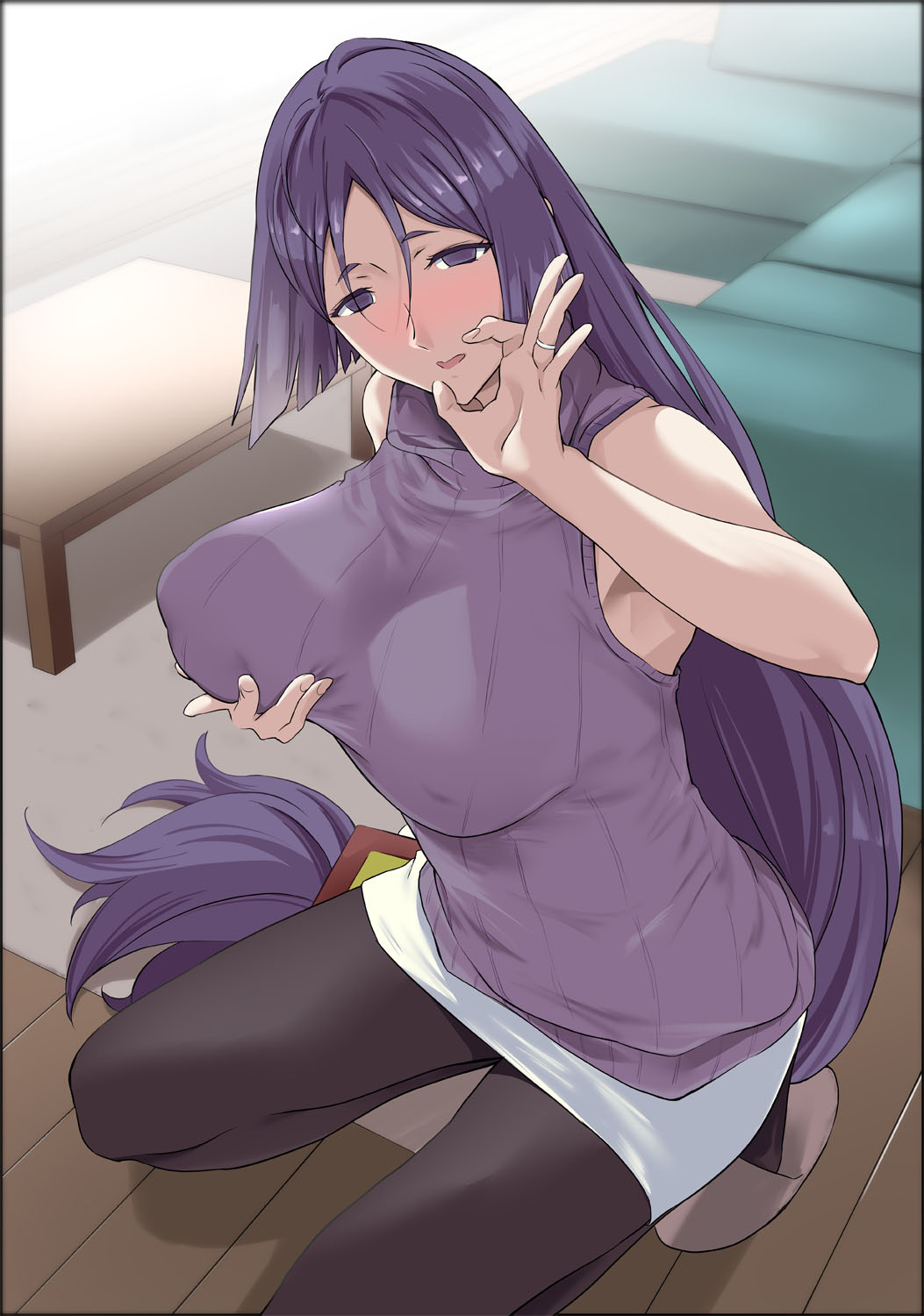 1girl bangs bare_shoulders blush breast_hold breasts coffee_table couch fate/grand_order fate_(series) highres huge_breasts indoors jewelry kneeling long_hair looking_at_viewer low-tied_long_hair minamoto_no_raikou_(fate/grand_order) open_mouth pantyhose parted_bangs purple_hair purple_sweater ribbed_sweater ring skirt slippers solo sweater sweater_vest turtleneck very_long_hair violet_eyes white_skirt yoshiki360