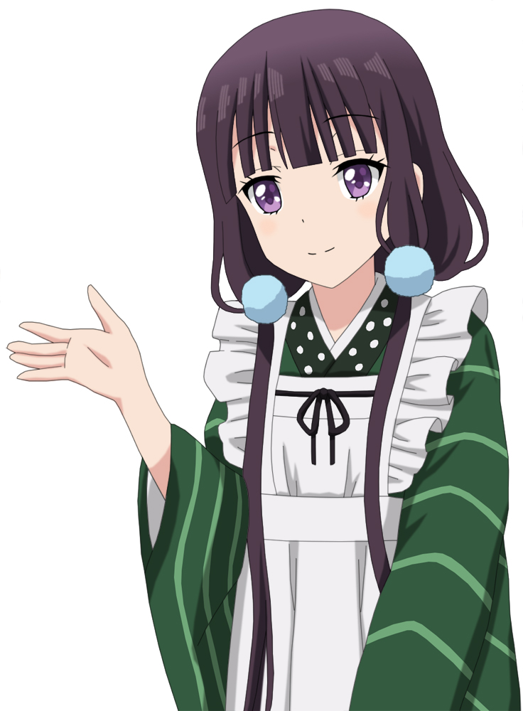 1girl ama_usa_an_uniform apron bangs blend_s blue_scrunchie blunt_bangs blush closed_mouth commentary_request cosplay cp9a eyebrows_visible_through_hair flat_chest gochuumon_wa_usagi_desu_ka? green_kimono hair_ornament hair_scrunchie japanese_clothes kimono long_hair long_sleeves looking_at_viewer low_twintails maid_apron polka_dot_trim purple_hair sakuranomiya_maika scrunchie simple_background smile solo striped striped_kimono twintails ujimatsu_chiya ujimatsu_chiya_(cosplay) upper_body violet_eyes white_apron white_background wide_sleeves