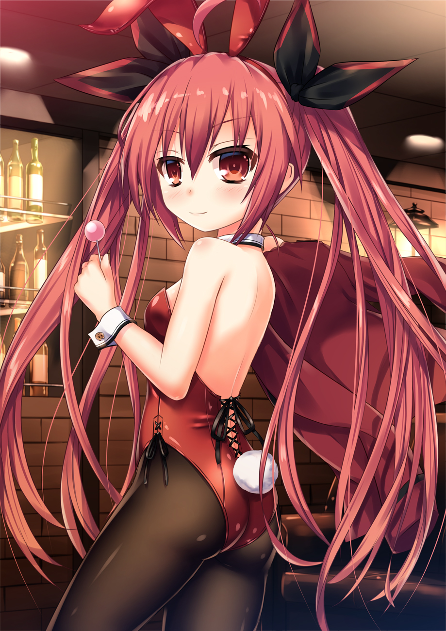 1girl animal_ears ass black_legwear blazer bottle bunny_tail bunnysuit candy cowboy_shot date_a_live detached_collar food from_behind highres itsuka_kotori jacket kmcgold30 leotard lollipop long_hair looking_at_viewer pantyhose rabbit_ears red_eyes red_leotard redhead solo strapless strapless_leotard tail twintails wine_bottle wrist_cuffs