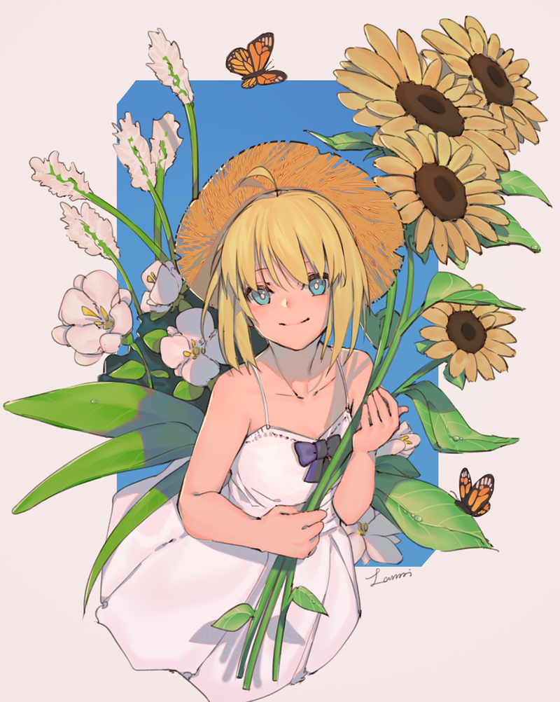 1girl ahoge animal artoria_pendragon_(all) bangs bare_arms bare_shoulders blonde_hair blue_bow bow bright_pupils butterfly closed_mouth collarbone dress fate/stay_night fate_(series) flat_chest flower hat holding holding_flower insect lanzi_(415460661) leaf looking_at_viewer saber short_hair signature sleeveless sleeveless_dress smile spaghetti_strap straw_hat sundress sunflower two-tone_background upper_body water_drop white_dress