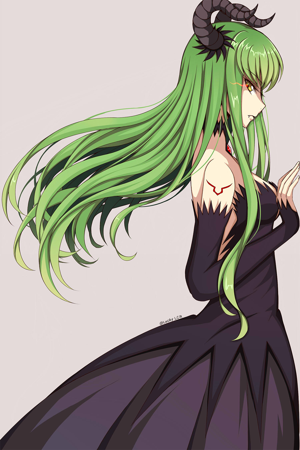 1girl black_dress c.c. code_geass detached_sleeves dress fang floating_hair from_side gem glowing glowing_eyes green_hair grey_background highres horns long_hair looking_at_viewer lucky_keai signature simple_background sleeveless sleeveless_dress solo standing striped striped_dress vampire_(game) very_long_hair yellow_eyes