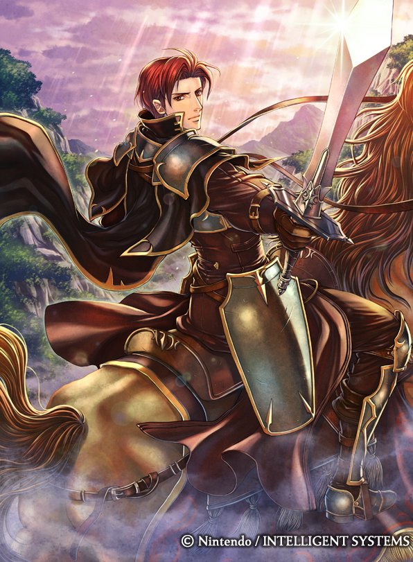 1boy armor back boots cape company_name fire_emblem fire_emblem:_seima_no_kouseki fire_emblem_cipher gloves horse male_focus official_art red_eyes redhead seth_(fire_emblem) sky solo sparkle sword tree weapon