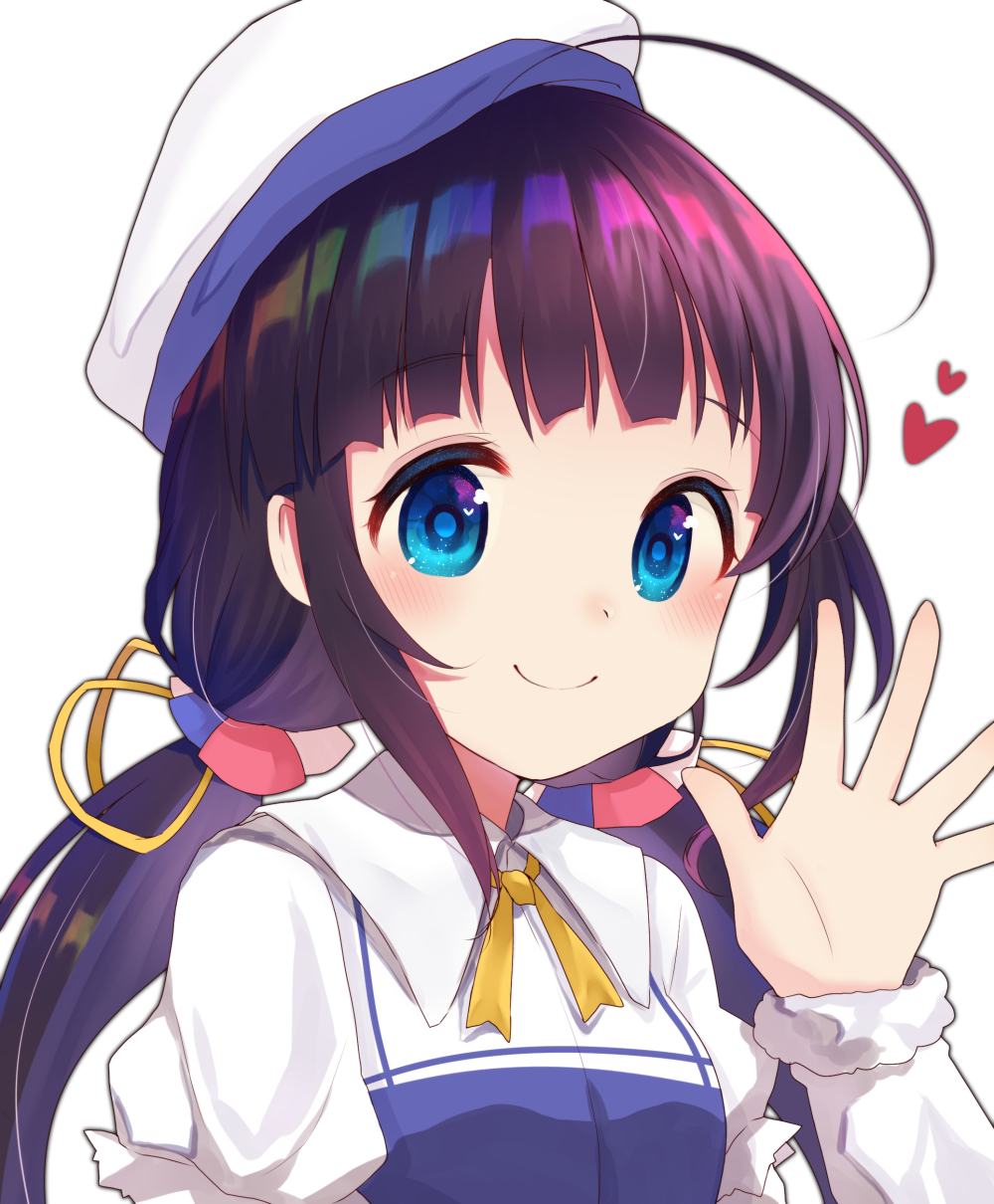 1girl ahoge blue_eyes hand_up hat heart highres hinatsuru_ai long_hair looking_at_viewer low_twintails rainbow ryuuou_no_oshigoto! shiarisu sidelocks smile twintails upper_body