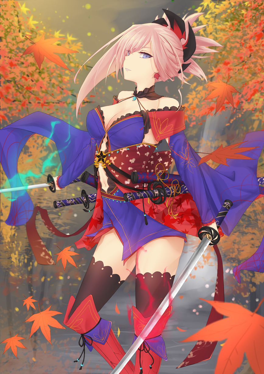 1girl black_legwear blue_dress blue_eyes breasts cleavage cutout day dress dual_wielding earrings fate/grand_order fate_(series) hair_ornament highres holding holding_sword holding_weapon jewelry large_breasts leaf long_hair looking_at_viewer meo_(1271884559) miyamoto_musashi_(fate/grand_order) navel navel_cutout outdoors parted_lips pink_hair sheath short_dress side_ponytail solo standing sword thigh-highs tree unsheathed weapon