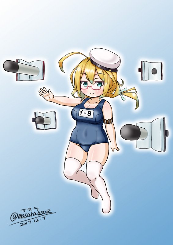 1girl blonde_hair blue_background book dated full_body glasses gradient gradient_background green_eyes hat i-8_(kantai_collection) kantai_collection low_twintails masara_(masalucky2010) name_tag peaked_cap red-framed_eyewear school_swimsuit smile solo swimsuit thigh-highs torpedo twintails twitter_username white_legwear