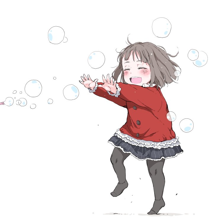 1girl :d bangs black_legwear black_skirt blush brown_hair bubble bubble_blowing closed_eyes commentary_request eyebrows_visible_through_hair facing_away gomennasai long_sleeves no_shoes open_mouth original outstretched_arms pantyhose red_shirt shirt simple_background skirt smile solo standing standing_on_one_leg white_background