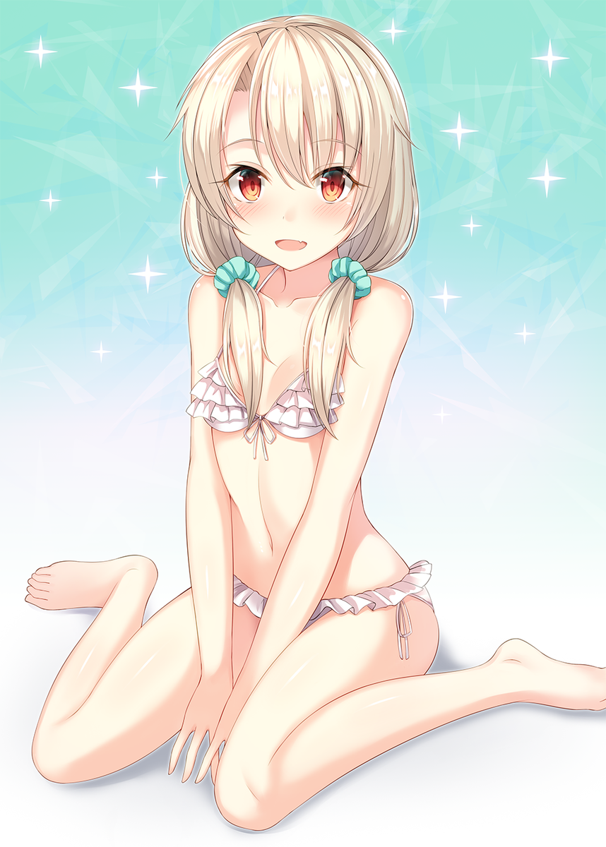 1girl :d bangs bare_arms bare_legs bare_shoulders barefoot between_legs bikini blush breasts collarbone commentary_request eyebrows_visible_through_hair fang fate/grand_order fate_(series) frilled_bikini frills front-tie_bikini front-tie_top hair_between_eyes hair_over_shoulder hand_between_legs highres illyasviel_von_einzbern light_brown_hair looking_at_viewer low_twintails open_mouth red_eyes side-tie_bikini sitting small_breasts smile solo sparkle sunsuke swimsuit twintails v_arms wariza white_bikini