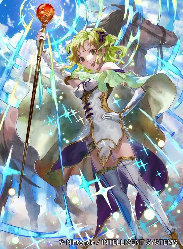 1girl cape company_name dress elbow_gloves fire_emblem fire_emblem:_seima_no_kouseki fire_emblem_cipher gloves green_eyes green_hair hand_on_hip holding holding_staff horse l'arachel mayo_(becky2006) official_art open_mouth sky solo staff thigh-highs white_dress white_gloves white_legwear